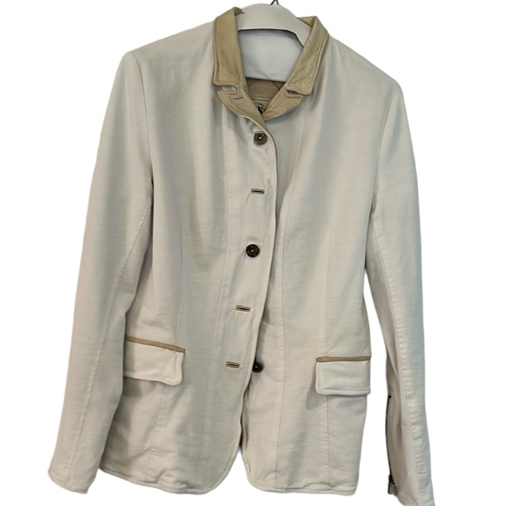 Jakett amazing canvas and leather blazer. Lined. Zip cuff. Leather trim